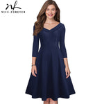 Nice-forever Elegant Embroidery Lace vestidos V neckline A-Line Pinup Party Women Flare Dress btyA068