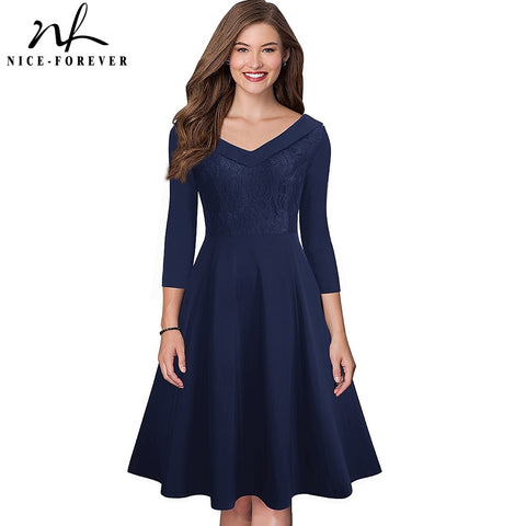 Nice-forever Elegant Embroidery Lace vestidos V neckline A-Line Pinup Party Women Flare Dress btyA068