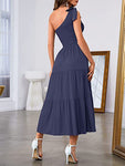 2023 New Summer Fashion Women's One-shoulder Pleated Layered Hem Split Dress