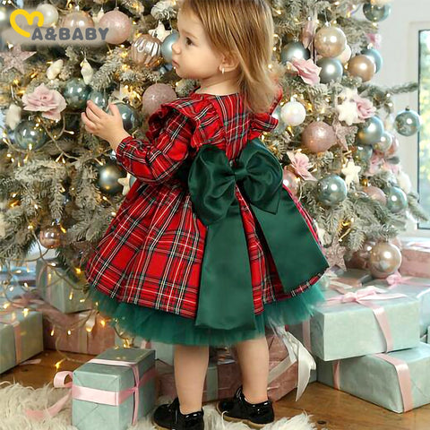 Ma&Baby 6M-6Y Christmas Dress For Girls Toddler Kid Child Red Plaid Bow Dresses For Girl Xmas Party Princess Costumes