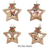 4PCS Star Printed Wooden Pendants Ornaments Xmas Tree Ornament DIY Wood Crafts Kids Gift for Home Christmas Party Decorations